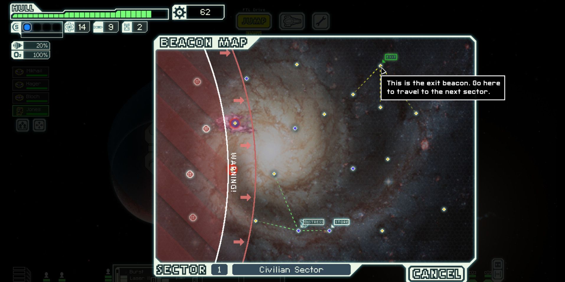 the star map, showing distress beacons and the exit beacon