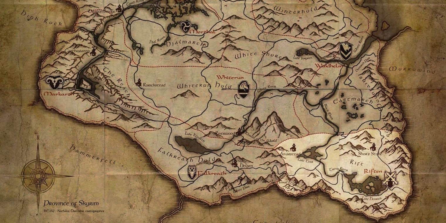 A map of skyrim with The Rift highlighted