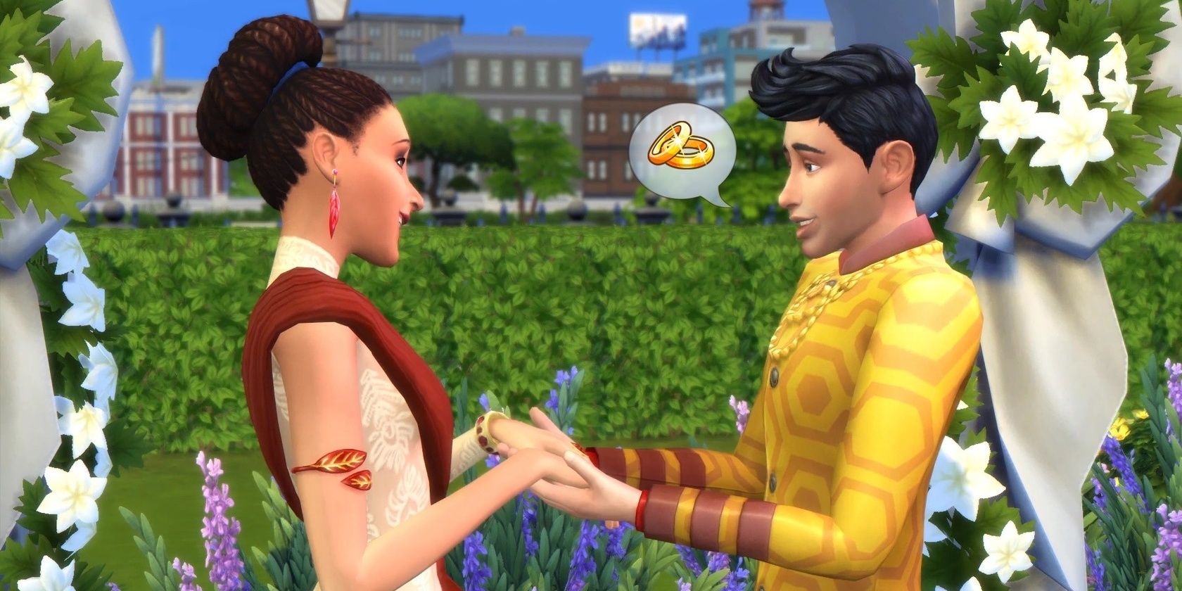 Two Sims holding hands as they get married in The Sims 4