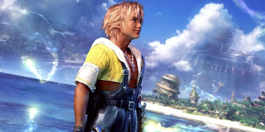Tidus from FFX is standing in the water with a sword