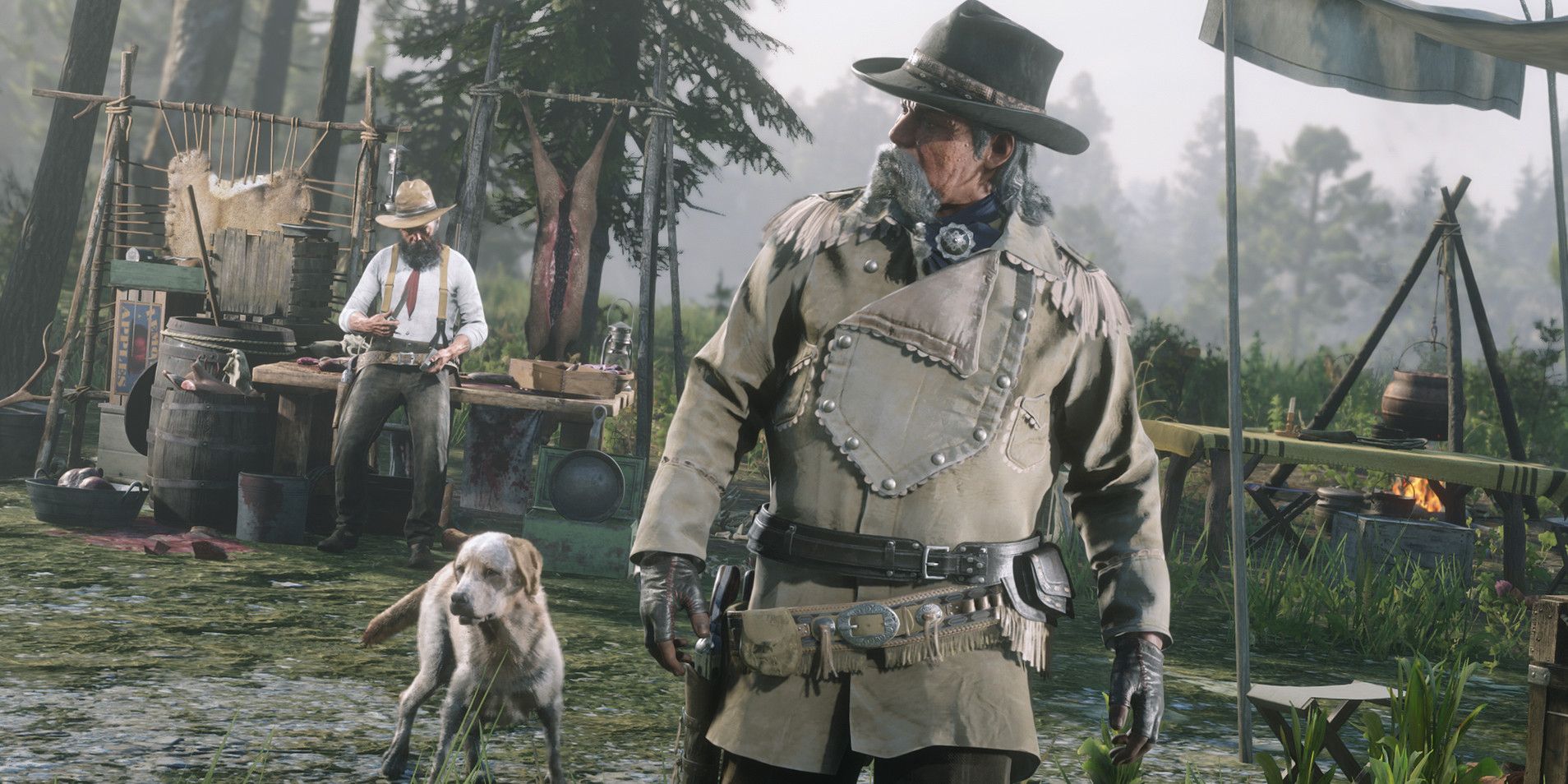 RDO Trader in camp with dog