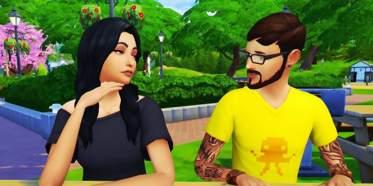 Two Sims sitting in the park, potentially romantically involved