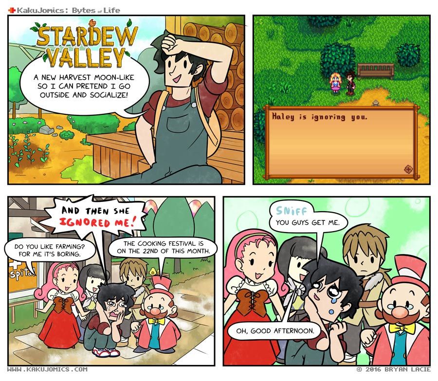 A webcomic where the Stardew Valley character is rejected by Haley and seeks comfort by townsfolk who should be a hollow comfort as artificial characters, but they do their best regardless