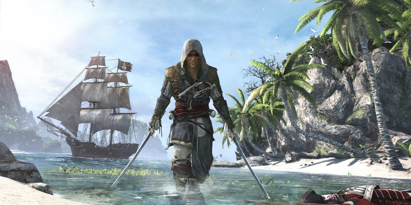 Assassin's Creed 4 Black Flag - Edward Kenway walking onto the shore through the water with both swords out and his ship in the background.