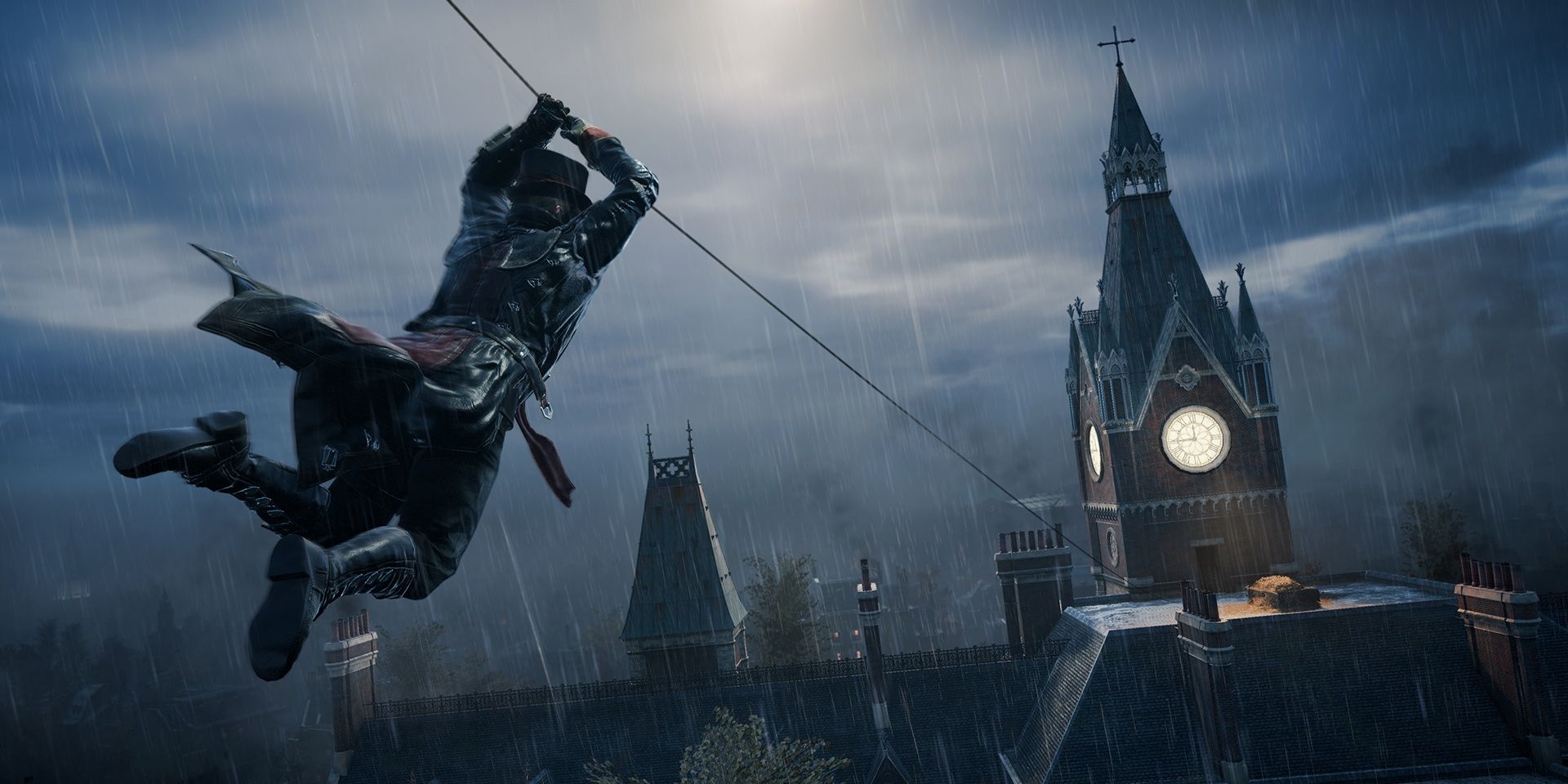 Assassin's Creed Syndicate Screenshot Of Assassin Using Zipline Towards Clocktower