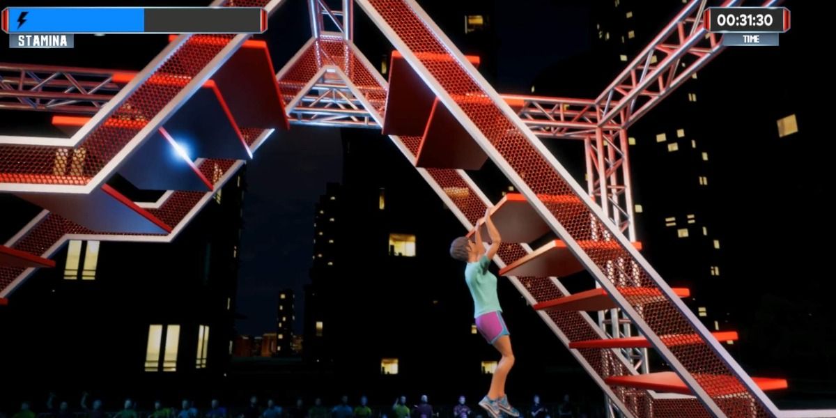 Climbing an upside-down staircase in American Ninja Warrior Challenge for Nintendo Switch