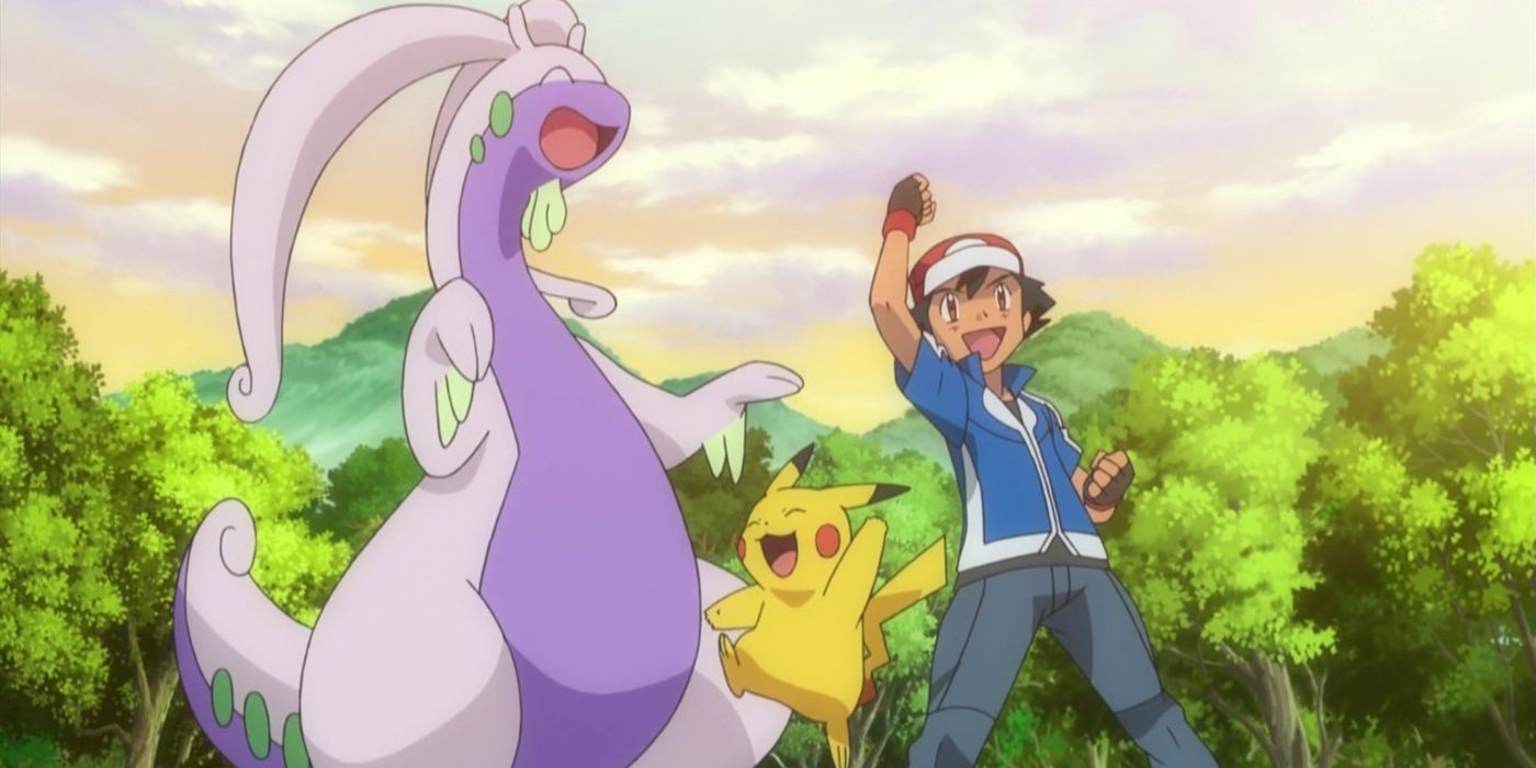 Ash cheering with his Goodra and Pikachu in the Pokemon XY Anime Cheering