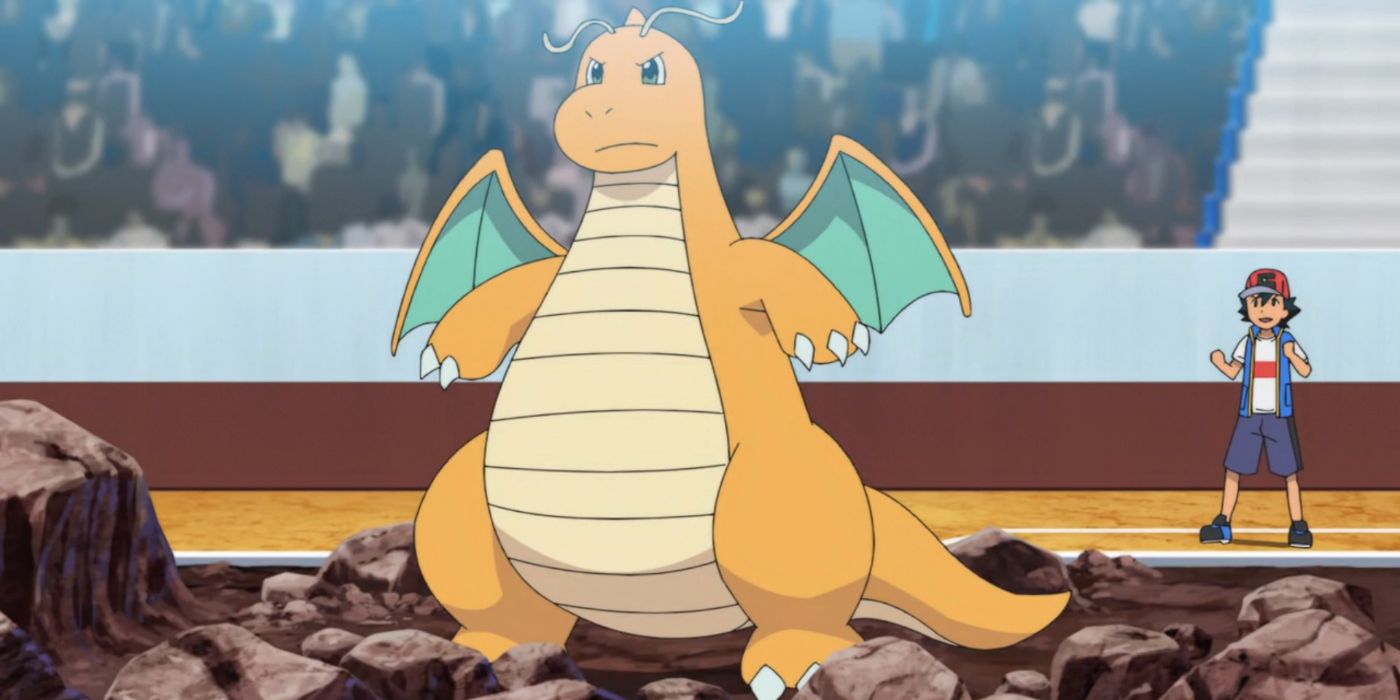 Ash using his Dragonite in a Pokemon battle from the Pokemon Journeys anime