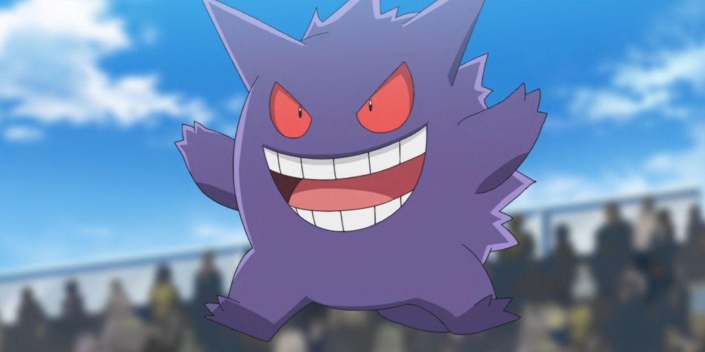 Ash's Gengar entering a battle with a smile on its face from the Pokemon anime