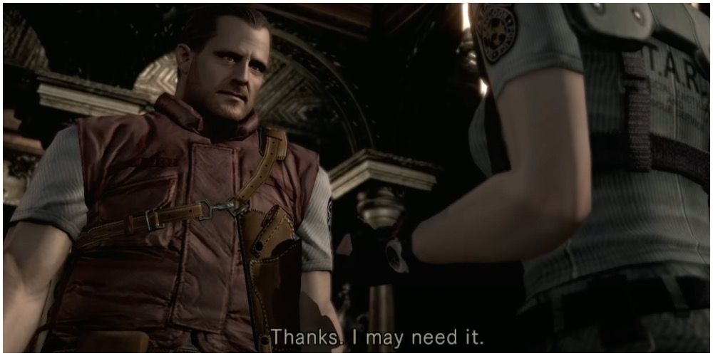 Barry Burton Jill Gives Valentine a Lockpick in Resident Evil Remastered