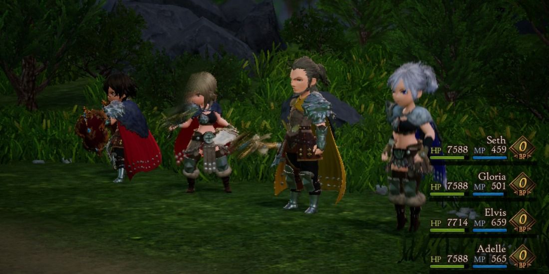 The Bravely Default 2 party with four swardsmasters