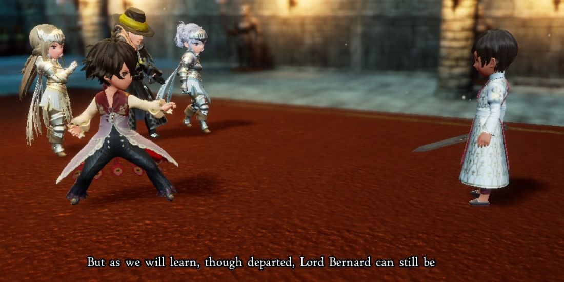 The cast of Bravely Default 2 in a cutscene facing Prince Castor