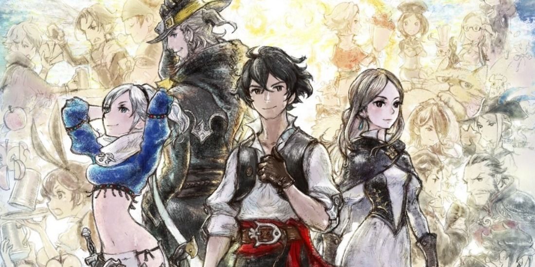 The official art of Bravely Default 2 characters Seth, Elvis, Adelle, and Gloria