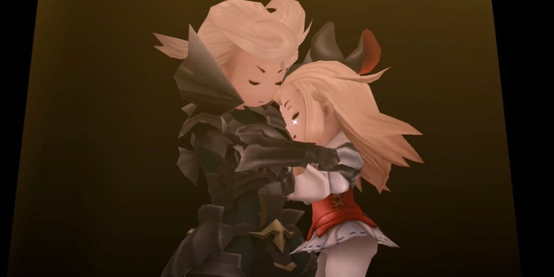 Ringabel in Dark Knight armor hugging Edea in Bravely Default