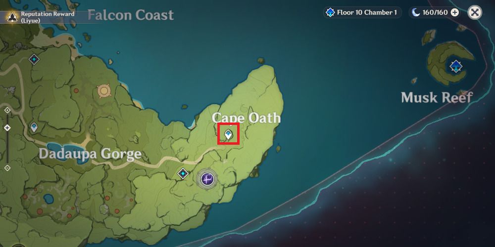 Screenshot of Genshin Impact's map hovering over Cape Oath.