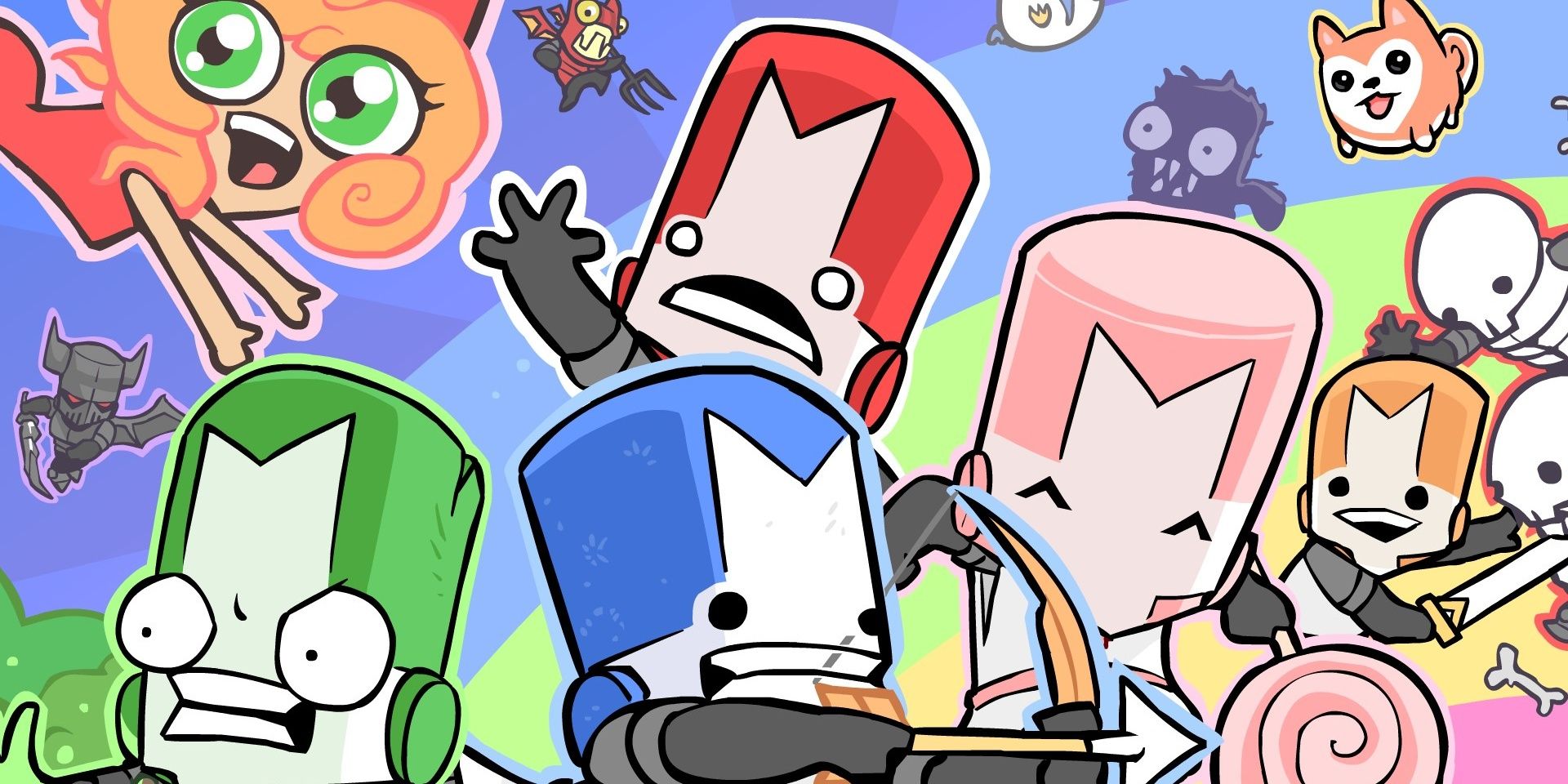 Castle Crashers - The Blue, Green, Pink, And Red Knights Surrounded By The Rest Of The Cast