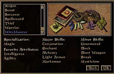 Morrowind Elder Scrolls classes Witchhunter class character creation guide
