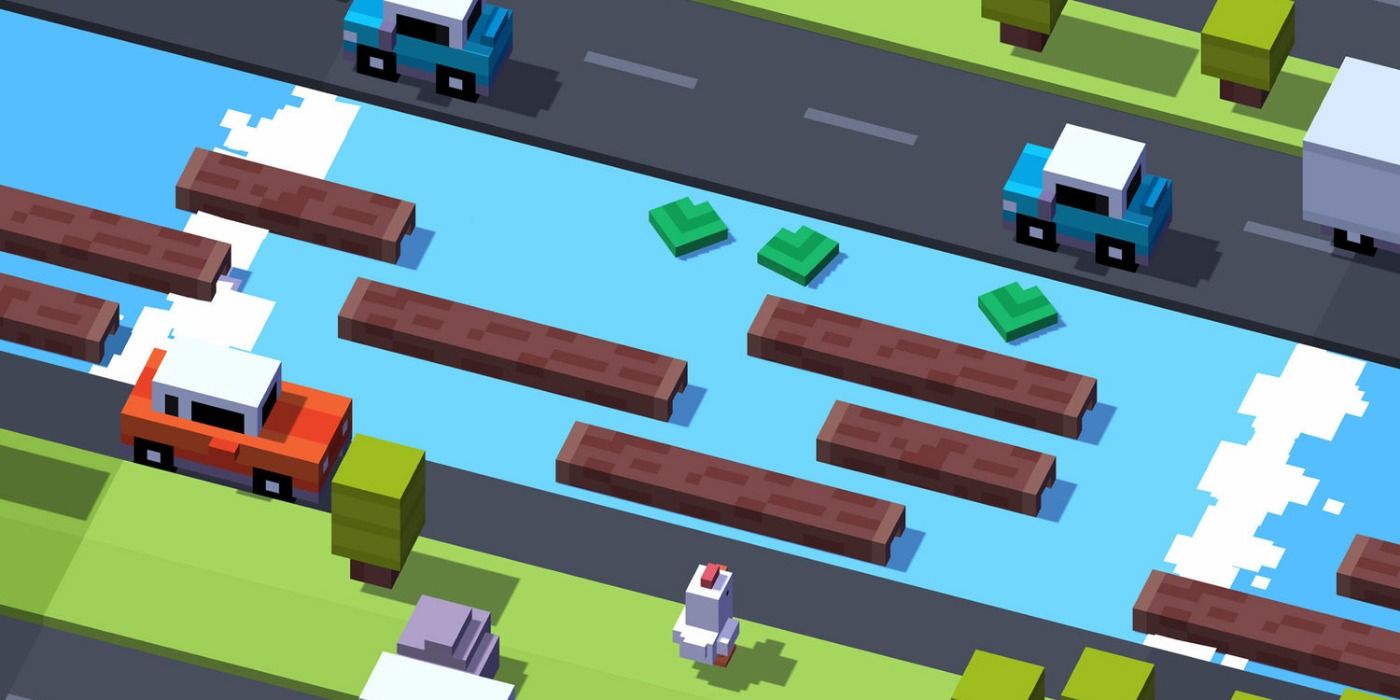 Crossy Road chicken about to cross on logs floating along a river