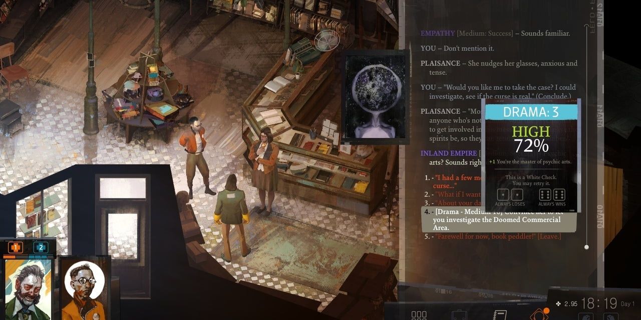 نمونه چک مهارت درام در Disco Elysium با درصد بالا. 