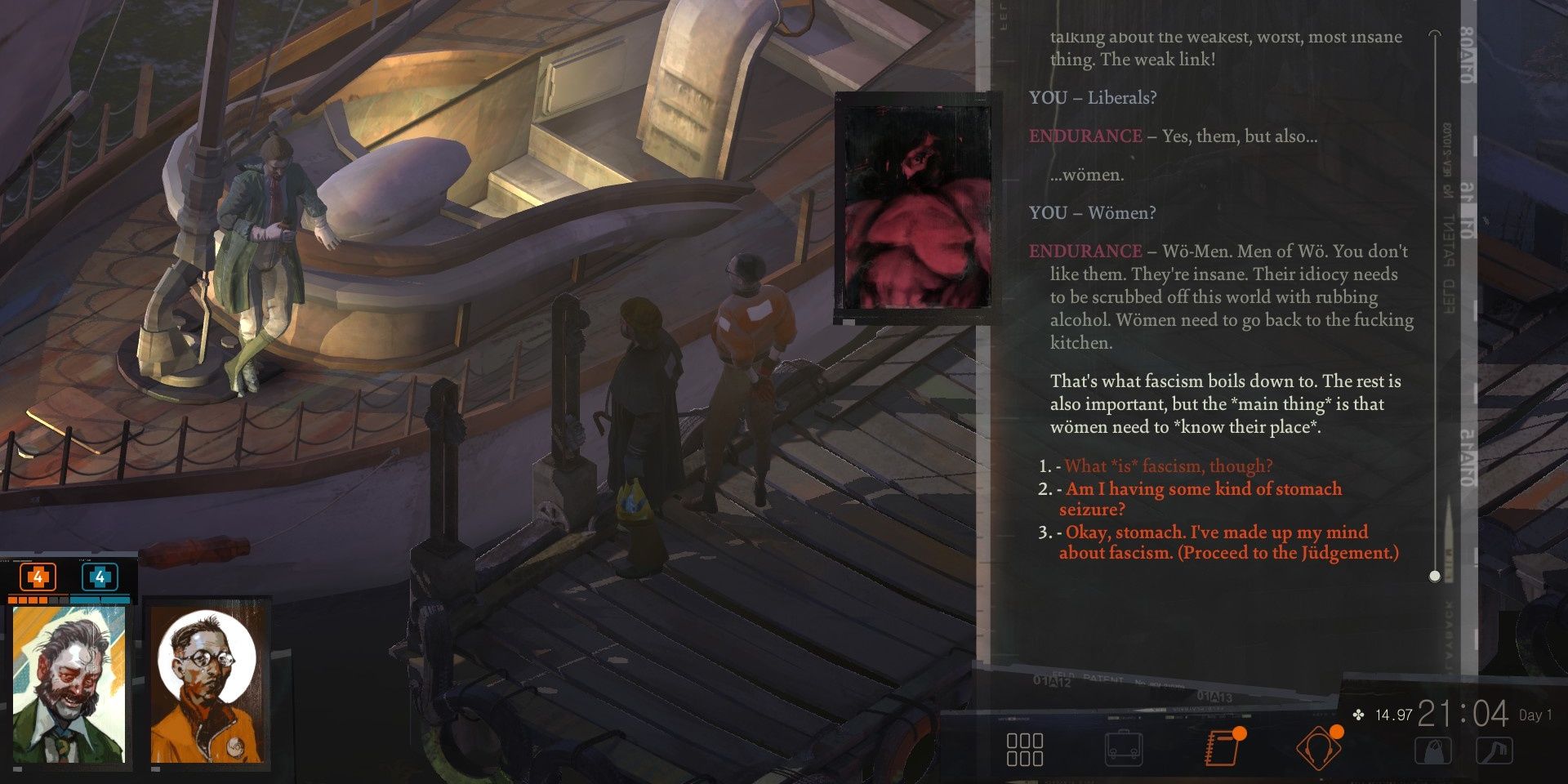 گفتگوی مبتنی بر استقامت بین کیم و هری در Disco Elysium. 