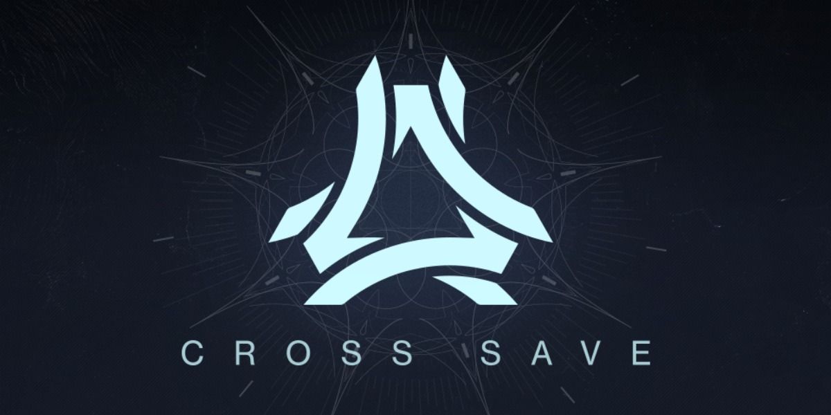 Destiny 2 The logo for cross save in the center with words written underneath against a dark blue background with a multi--pointed symbol behind it 