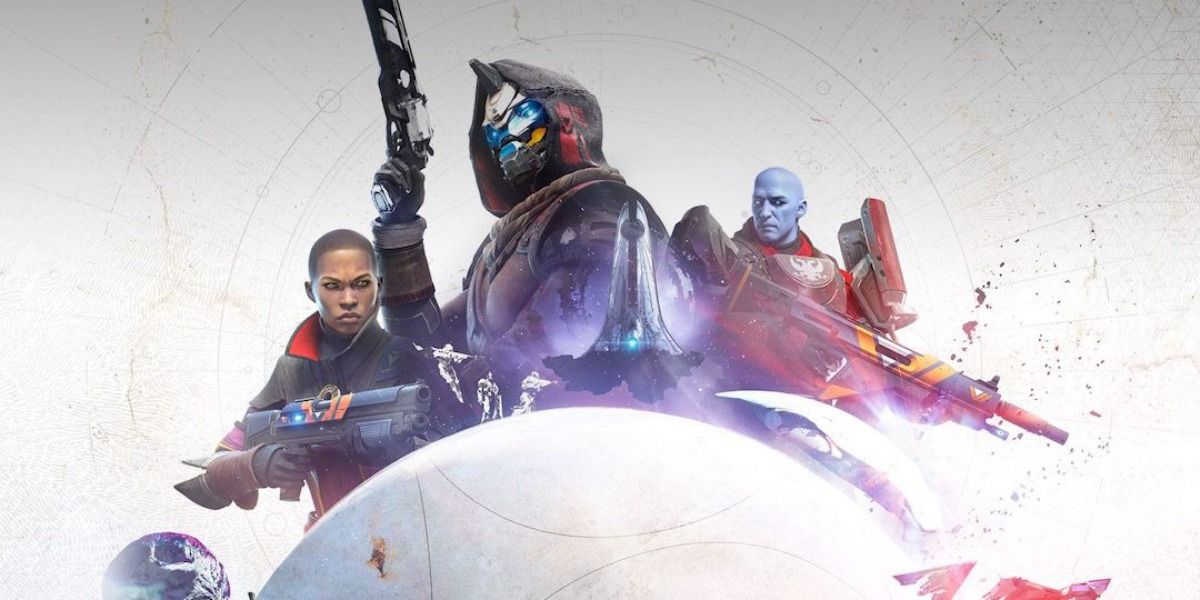 Destiny 2 New Light Ikora Rey with a shotgun, Cayde- 6 with a hand cannon and Zavala with an assault rifle positioned above the Traveller on a white background