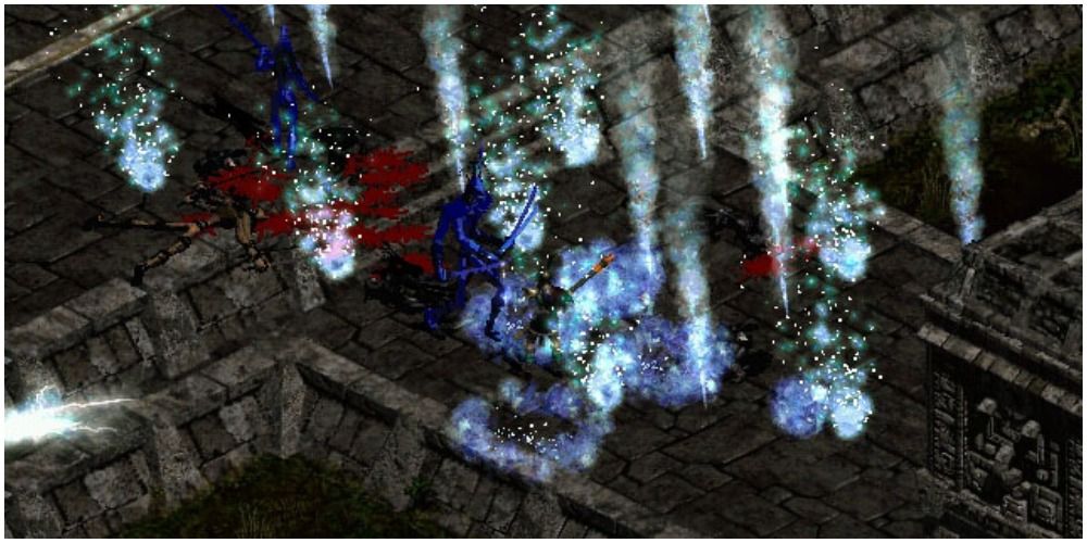 Diablo 2 Sorceress Casting Blizzard On Large Group Of Enemies