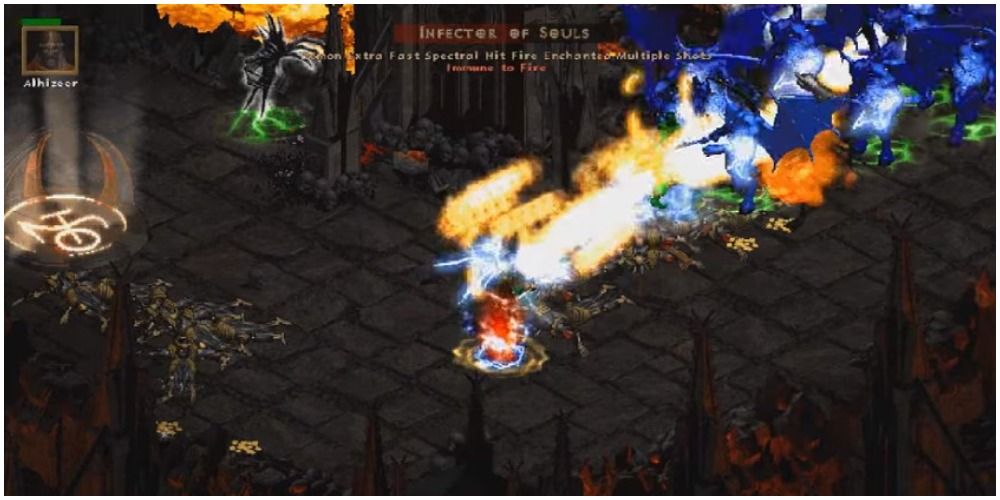 Diablo 2 Sorceress Using Chain Lighting Down A Hallway