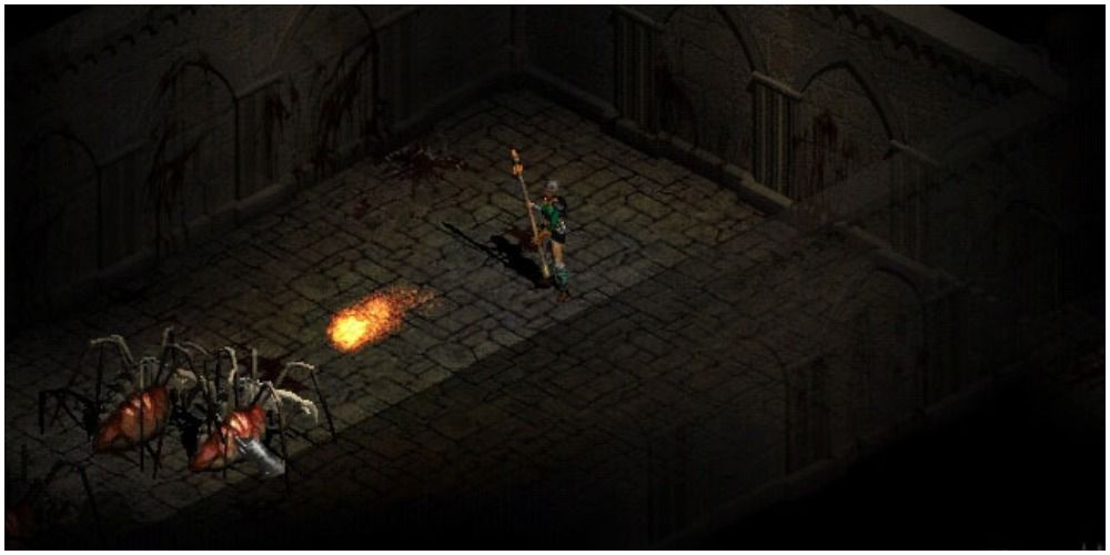 Diablo 2 Sorceress Using Fire Ball Against Two Arachs
