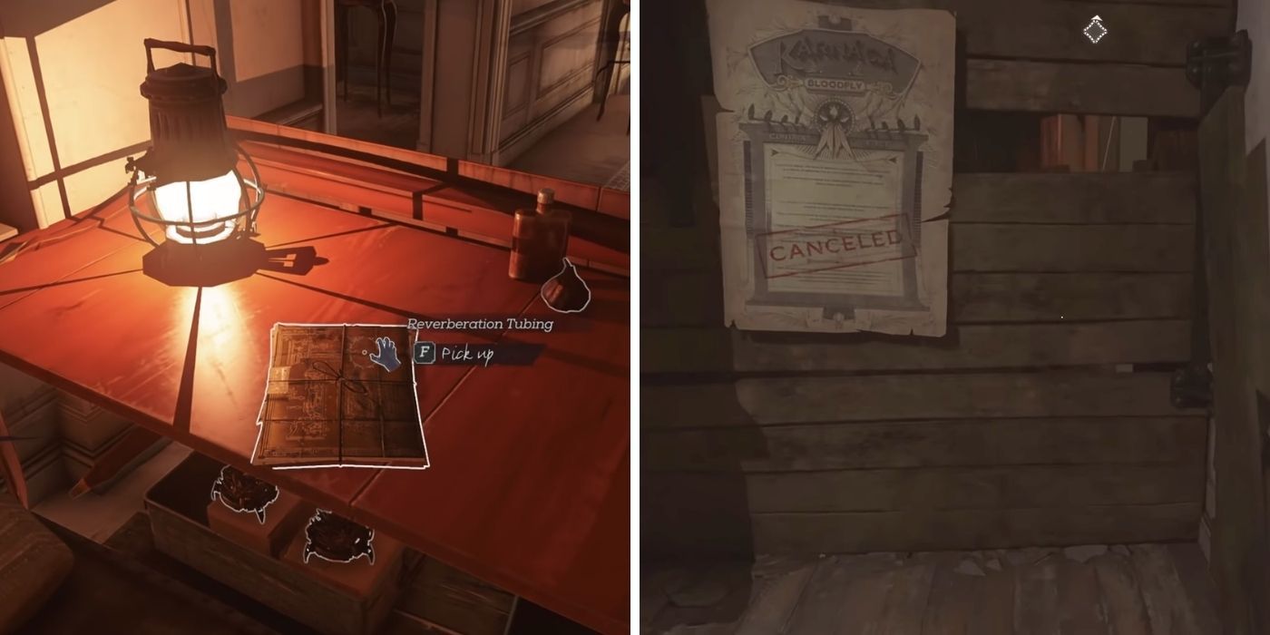 Dishonored 2 - A blueprint on a desk - A boarded up stairway with a poster