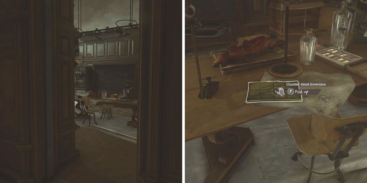 Dishonored 2 - Dr. Galvani's laboratory doorway - A blueprint on a cluttered desk