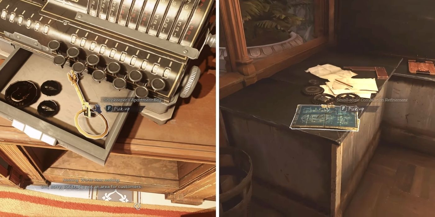 Dishonored 2 - An open cash register with a key inside - A blueprint on the table of an apartment
