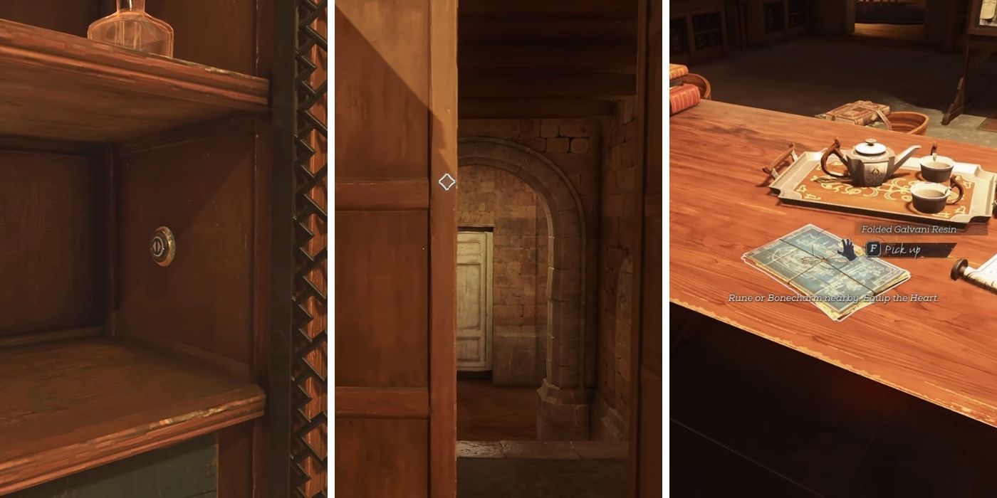 Dishonored 2 - A secret button on a shelf - A wall sliding to reveal a door - A blueprint on a table
