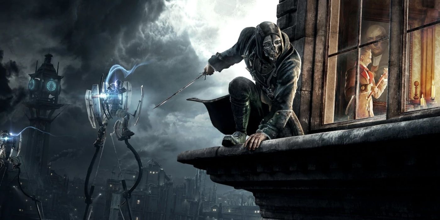 Dishonored - Corvo on a ledge. Tallboy approaching in background