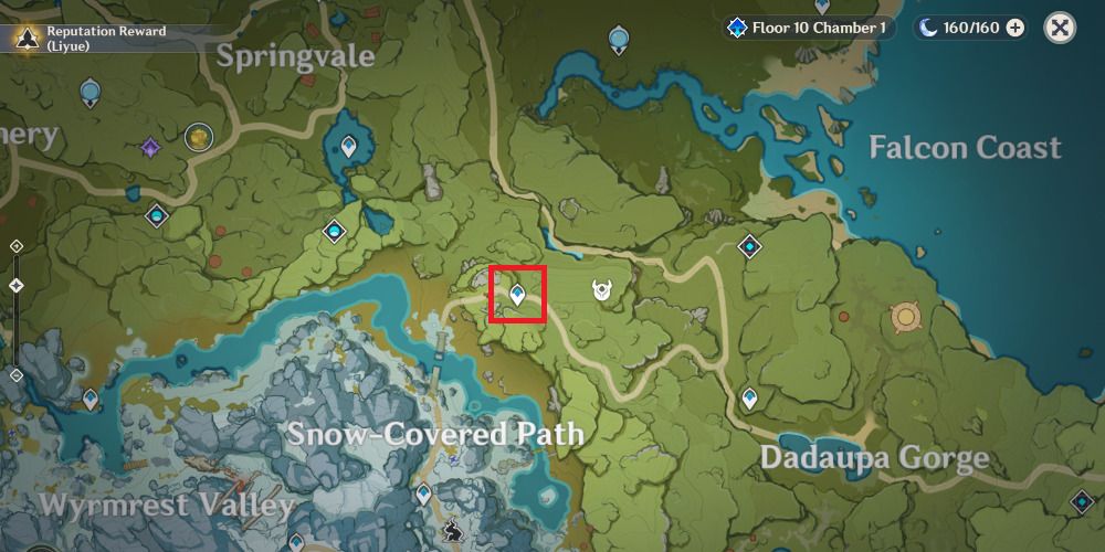Screenshot of Genshin Impact's map hovering over the Dragonspine Base Camp.