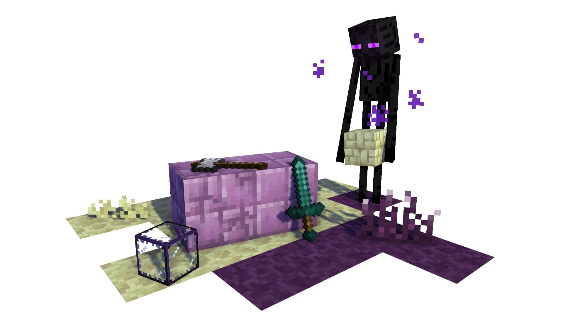 An enderman carries a carved endstone block, looking down at to purpur blocks with a diamond sword resting against them, and next to it is a block of framed glass. The ground is made up of endstone and purple grass.