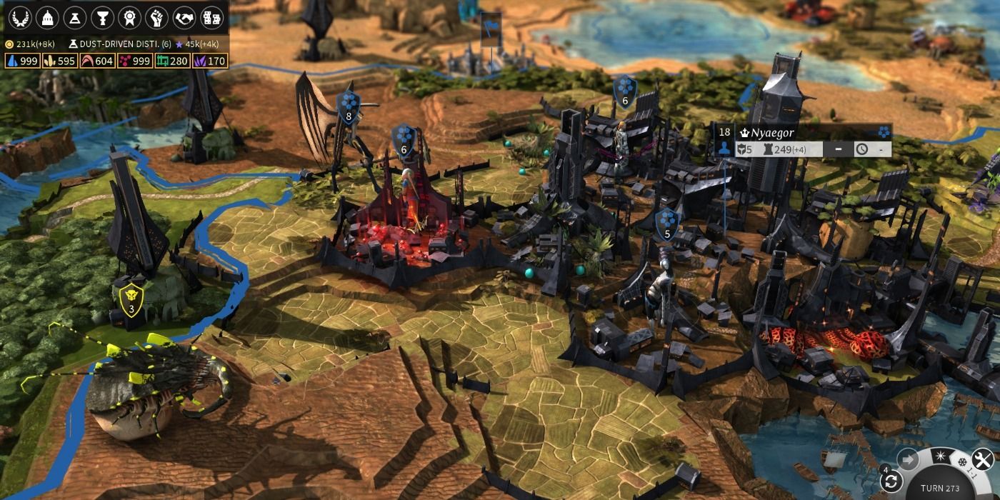 The world map, showing a city, tiles, and creatures in Endless Legend