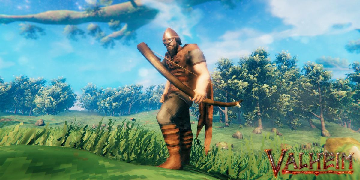 A viking stands in a field with a bow in Valheim