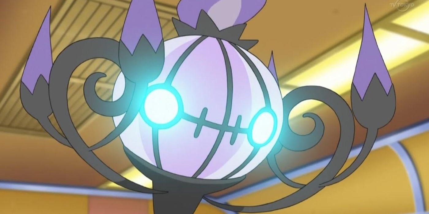 Chandelure from the Pokemon anime, eyes glowing