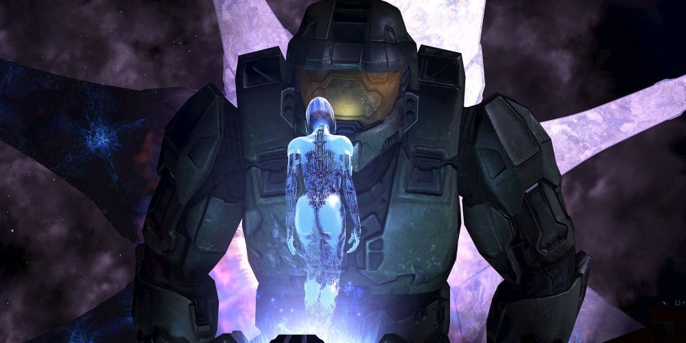 Master Chief looks at Cortana with the Ark behind him.