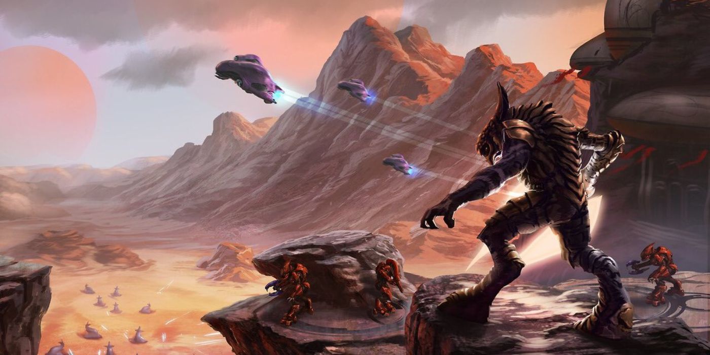 Arbiter (right) leading elites in battle during the Blooding Years, Sangheili civil war and Abiding Truth rebellion, in official Halo artwork of the period