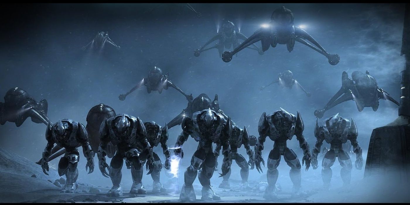 Elites march into battle with banshees behind them in Halo concept art