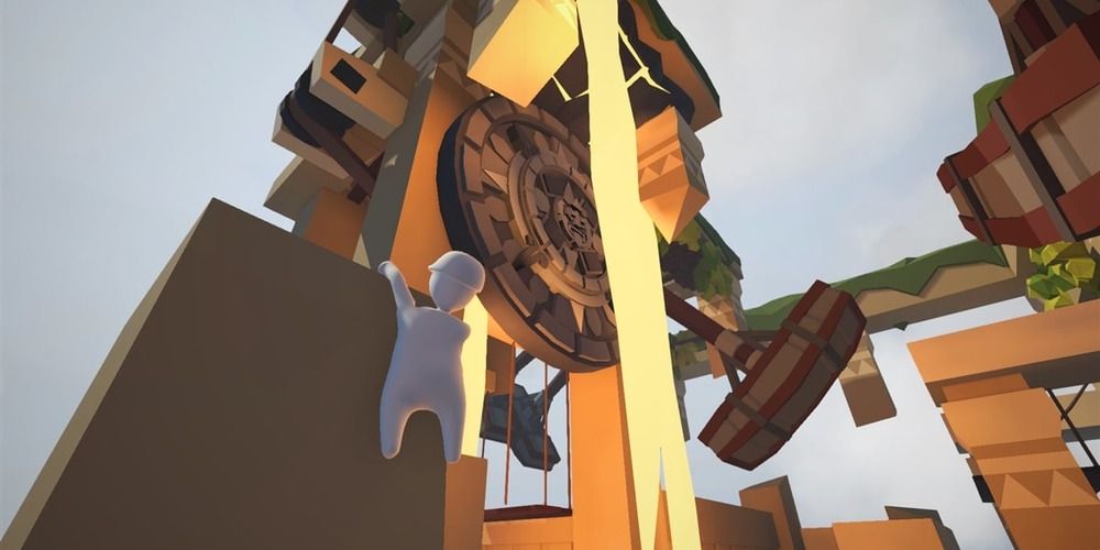 Human Fall Flat Aztec Player Characters hanging off ledge
