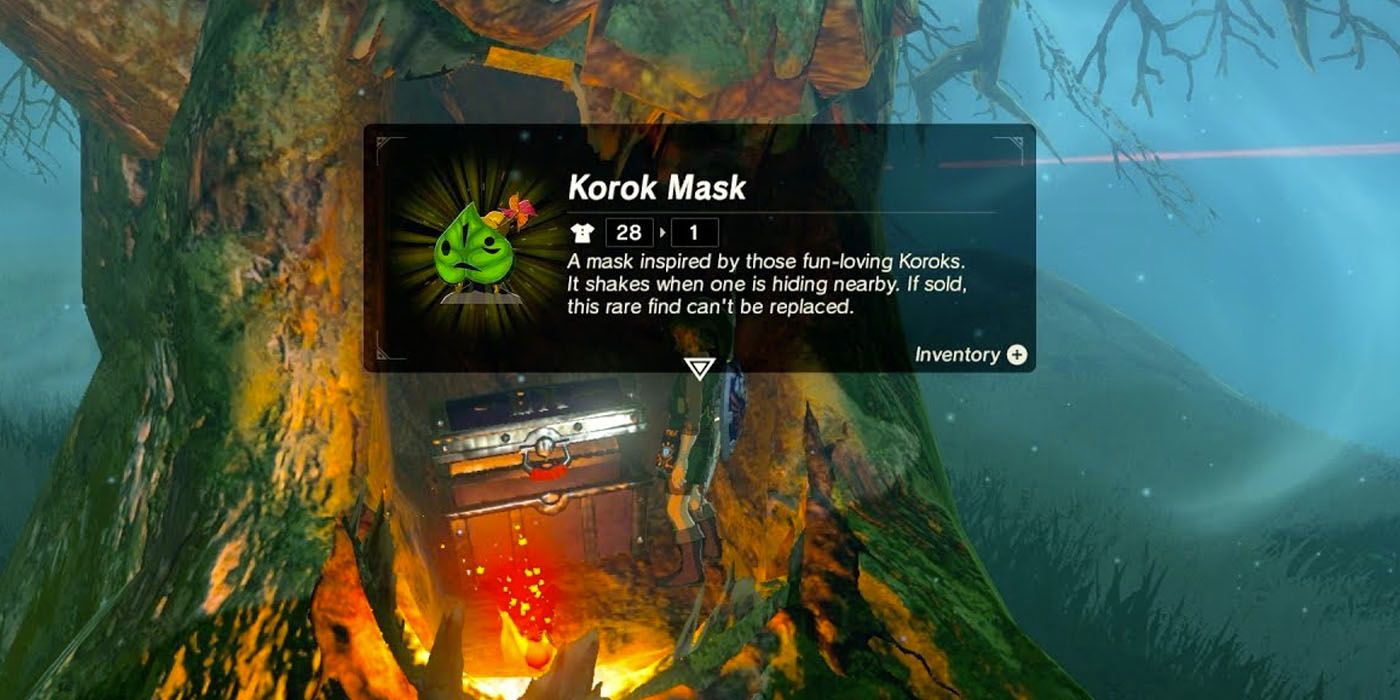 Link opens a chest to find the Korok Mask in BOTW