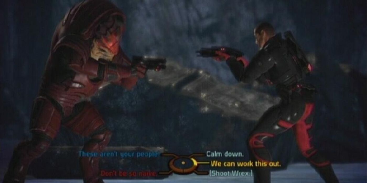 Shepard (right) tries to calm Wrex, who is angry at him for destroying Saren's facility in Virmire that holds a cure for xenophage.
