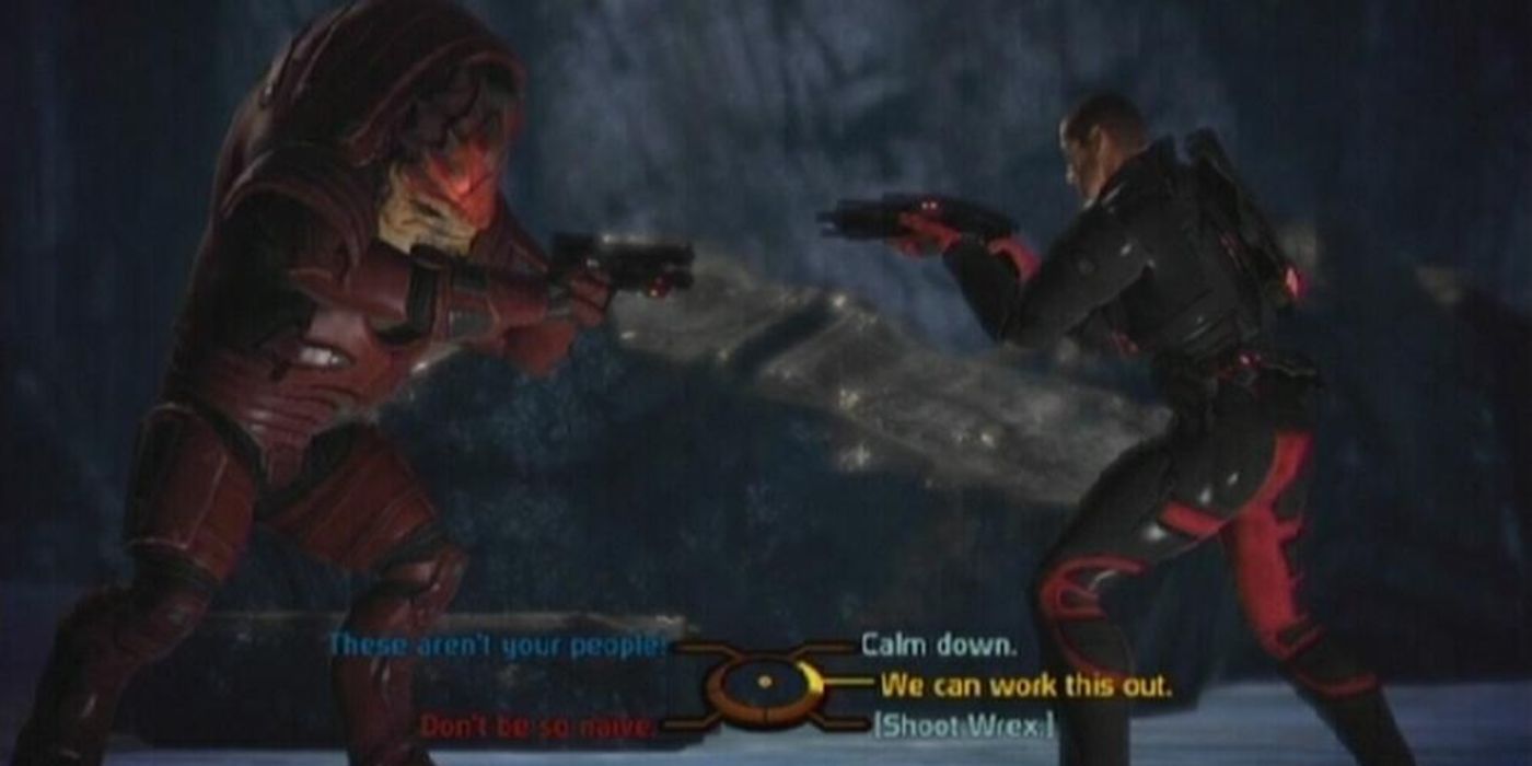 Shepard (right) tries to calm an angry Wrex about destroying Saren's facility on Virmire, which holds a cure for the genophage