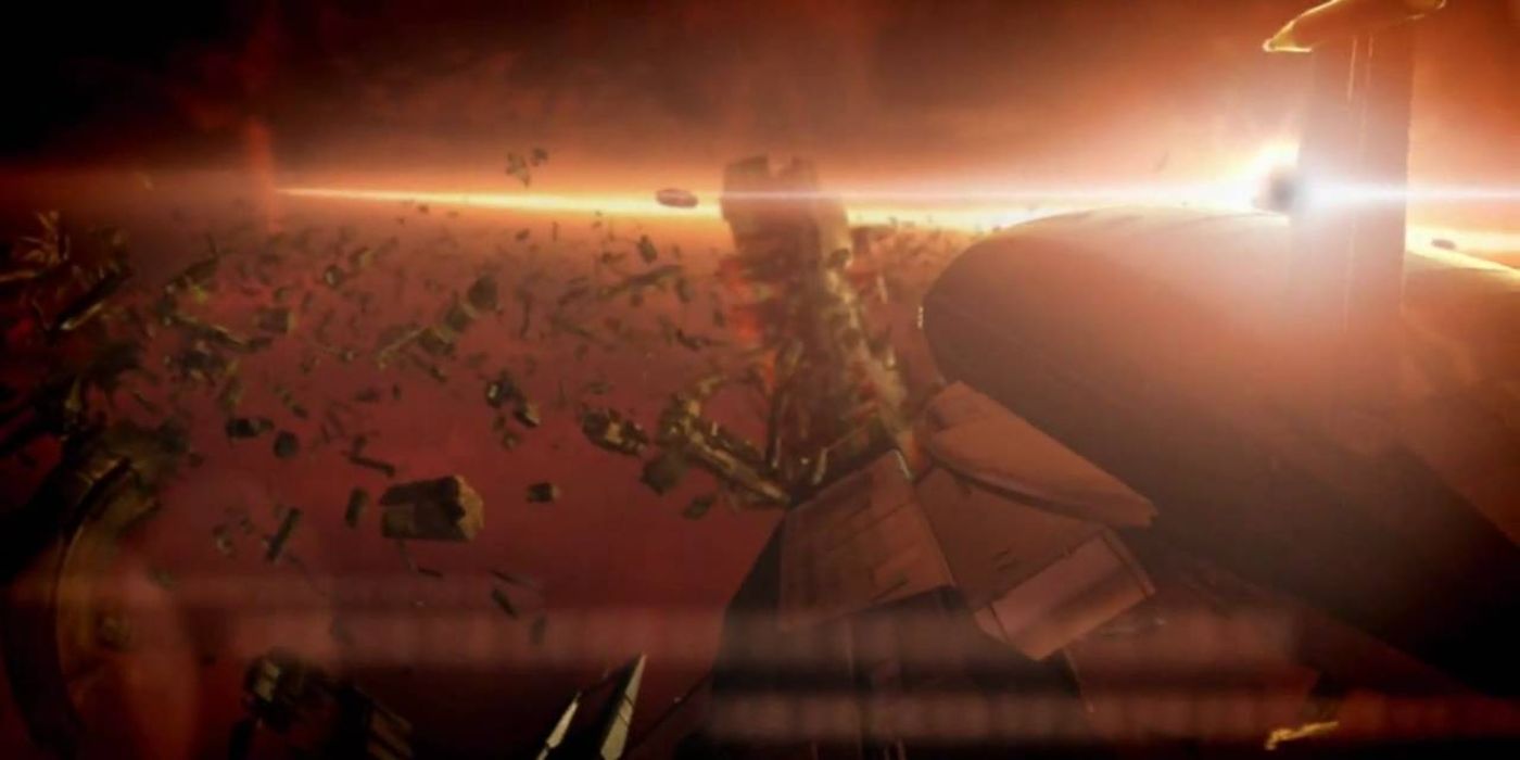 The Normandy flies towards the Collector Base during Mass Effect 2's suicide mission