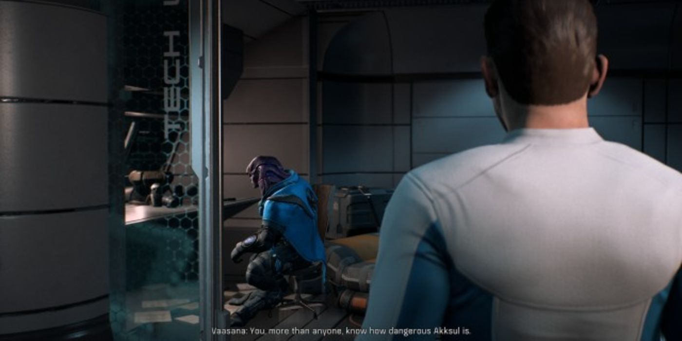Scott Ryder (right) walks in on Jaal talking to his mothers aboard the Tempest about Jaal's siblings joining the Roekkar
