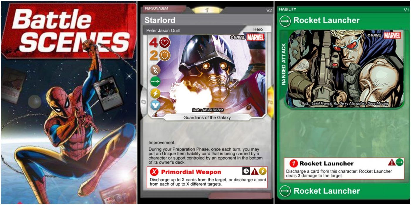 Marvel Battle Scenes: The box, a hero card, and a power card