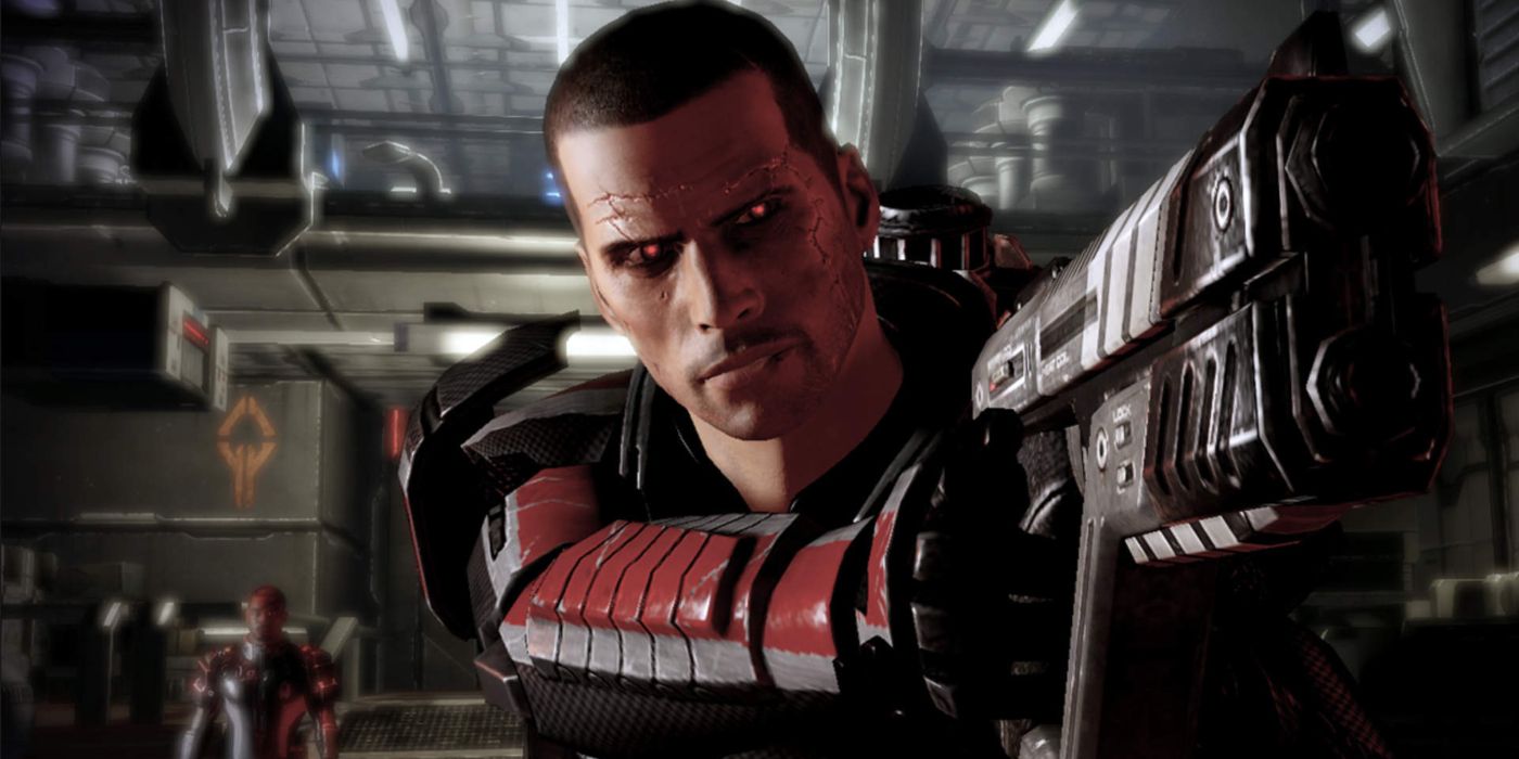 Mass Effect 2 Screenshot of Renegade Shepard Holding SMG